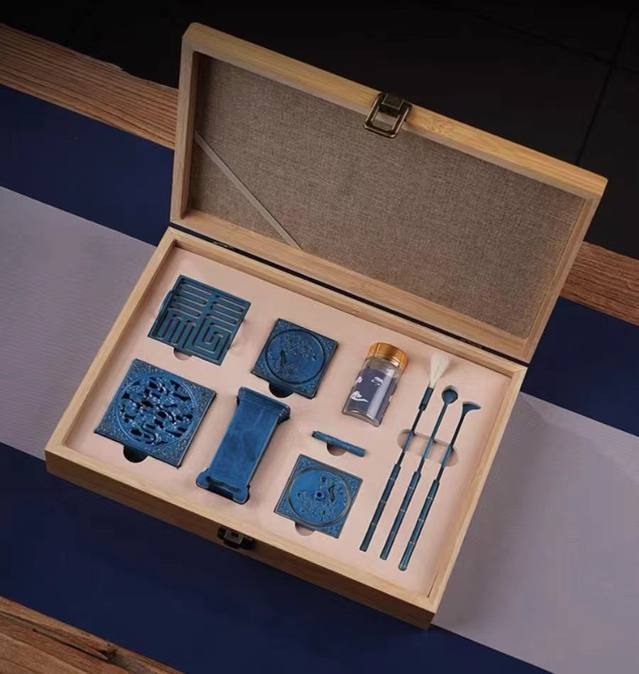 Blue Carved Cloud Pure Copper Square Set