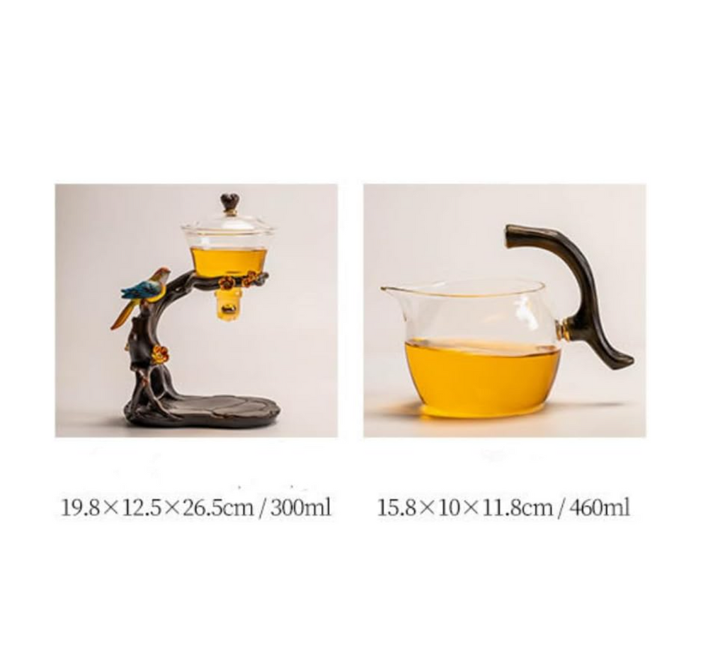 Lazy Kungfu Glass Tea Set Creative Bird Semi Automatic Drip Diversion Rotating Bowl with Infuser Teapot Set