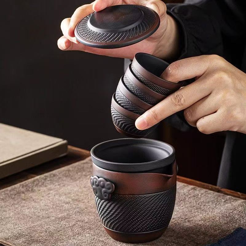 One pot and four cups portable travel tea set outdoor