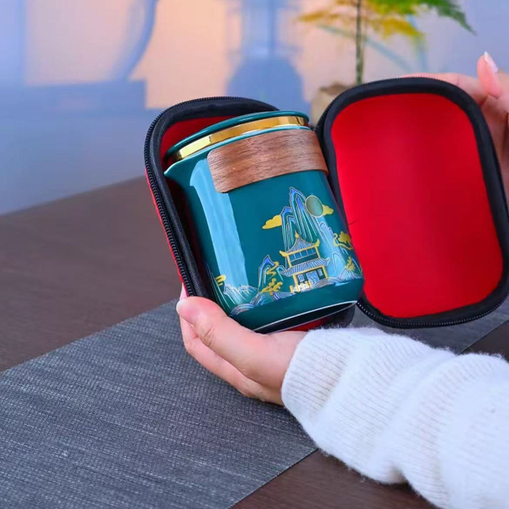 Tea set: 1 pot, 5 cups, portable all-in-one storage, Chinese style ceramic tea set, car mounted, outdoor, easy to soak