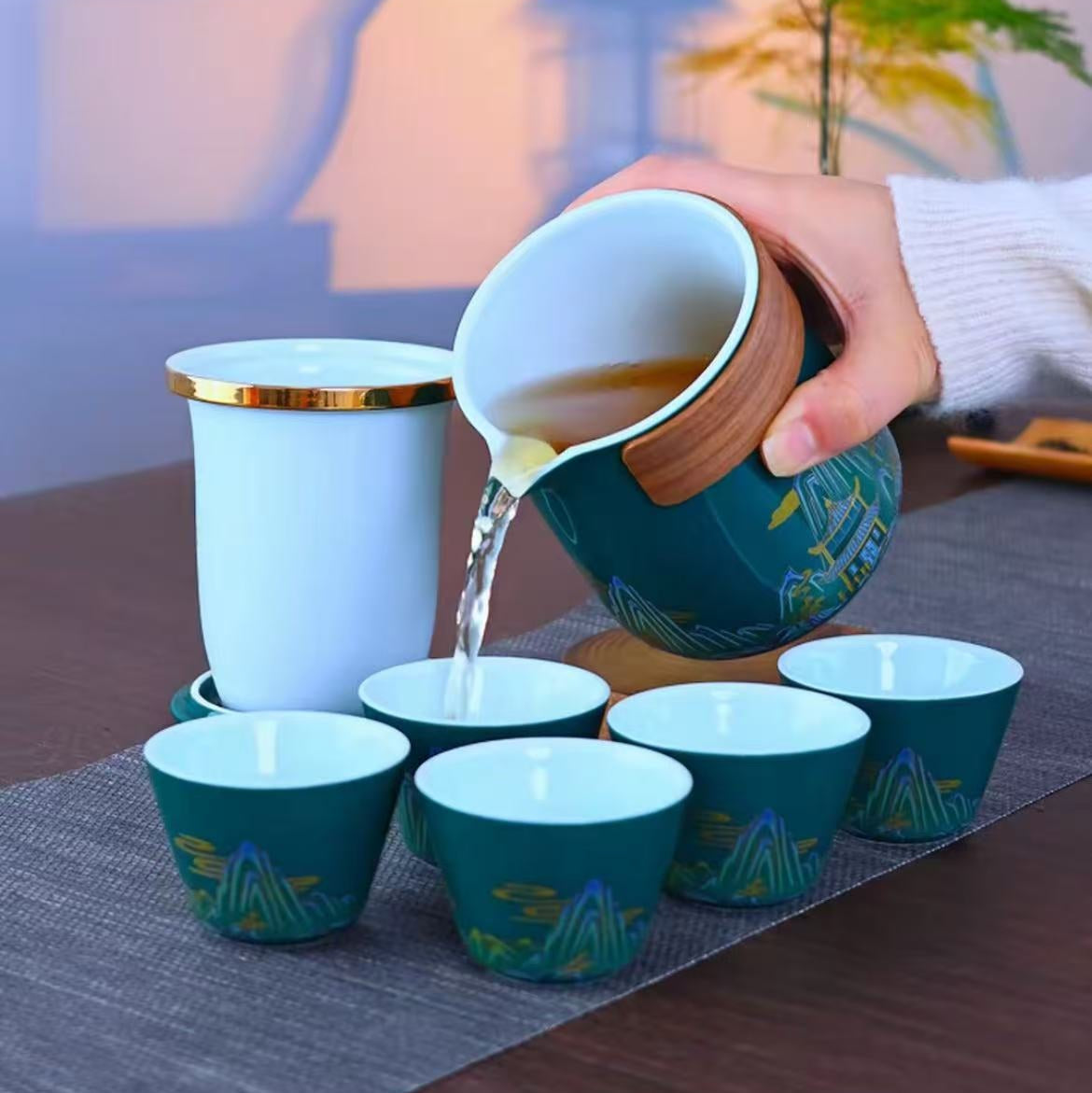 Tea set: 1 pot, 5 cups, portable all-in-one storage, Chinese style ceramic tea set, car mounted, outdoor, easy to soak